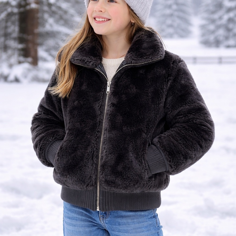 Urban Republic Girls Faux Fur Bomber Jacket Black Warm Winter Outerwear Size 7/8